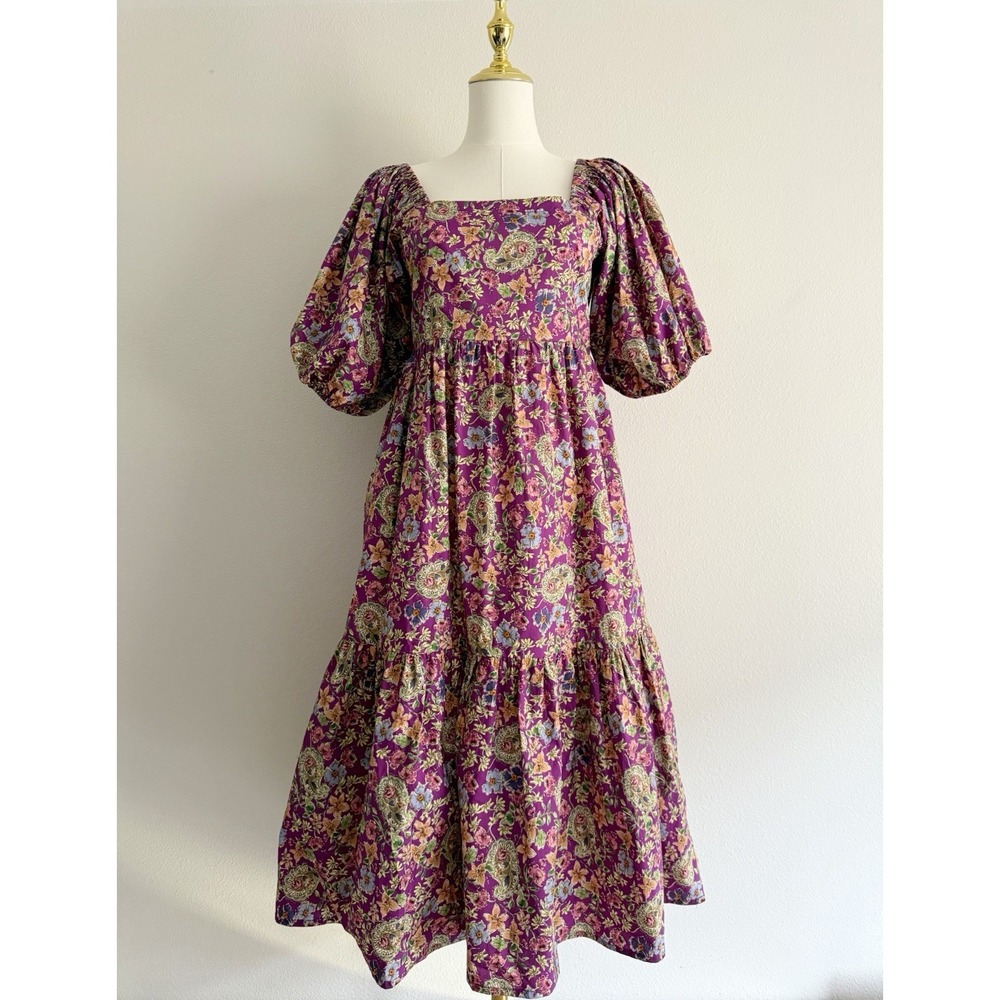 Kachel Purple Floral Puff Sleeve Smocked Tiered Midi Dress Sz 8 NWOT Cottage‎